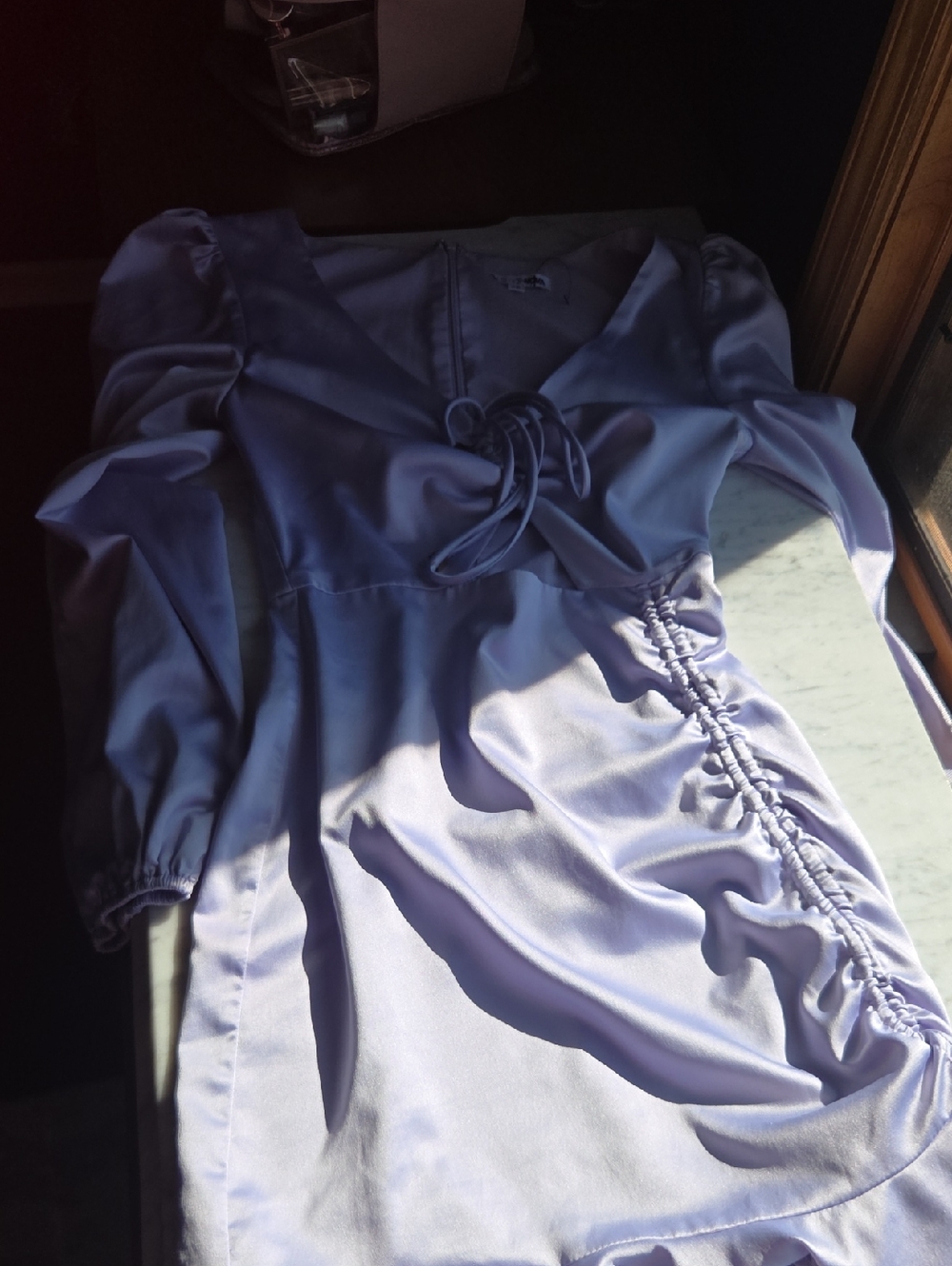Fashion Nova Lavender Ruched Satin Mini Dress